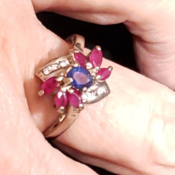Ruby Navette & Blue Sapphire Sterling Ring - Picture 4 of 6